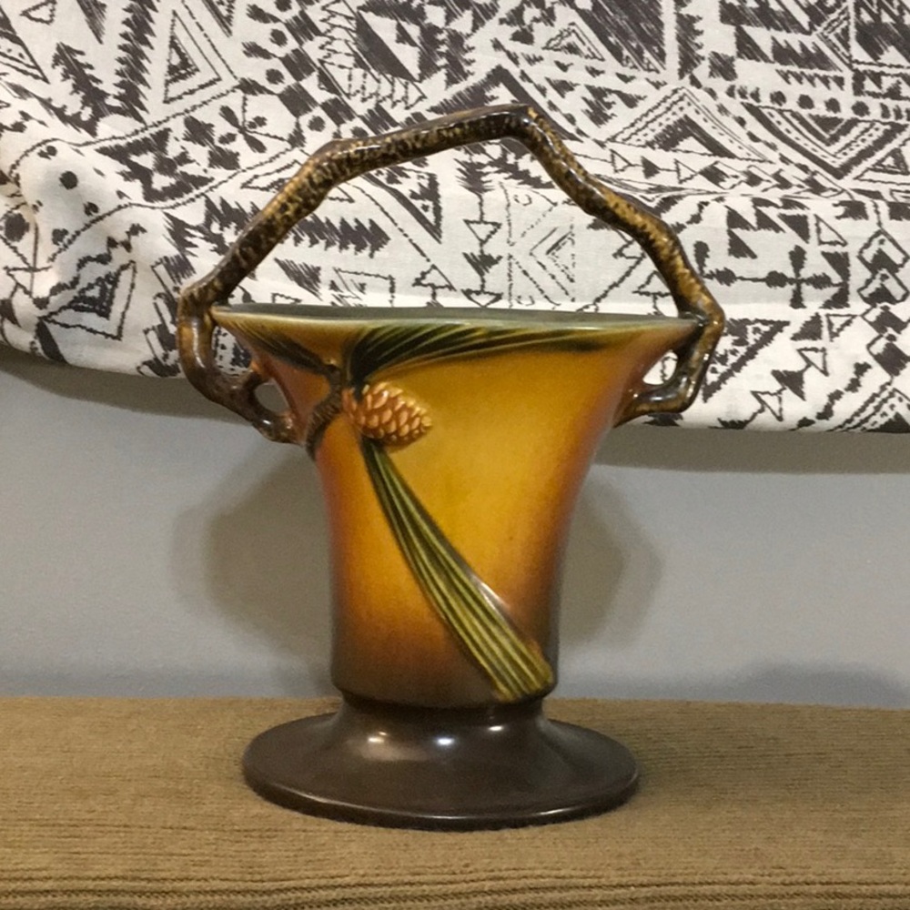 Roseville Pottery Basket Vase Pine Cone Design